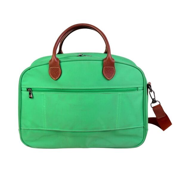 Longchamp GREEN CANVAS BROWN LEATHER ZIP AROUND TRAVEL CARRY ALL SHOULDER DUFFLE - Picture 6 of 15